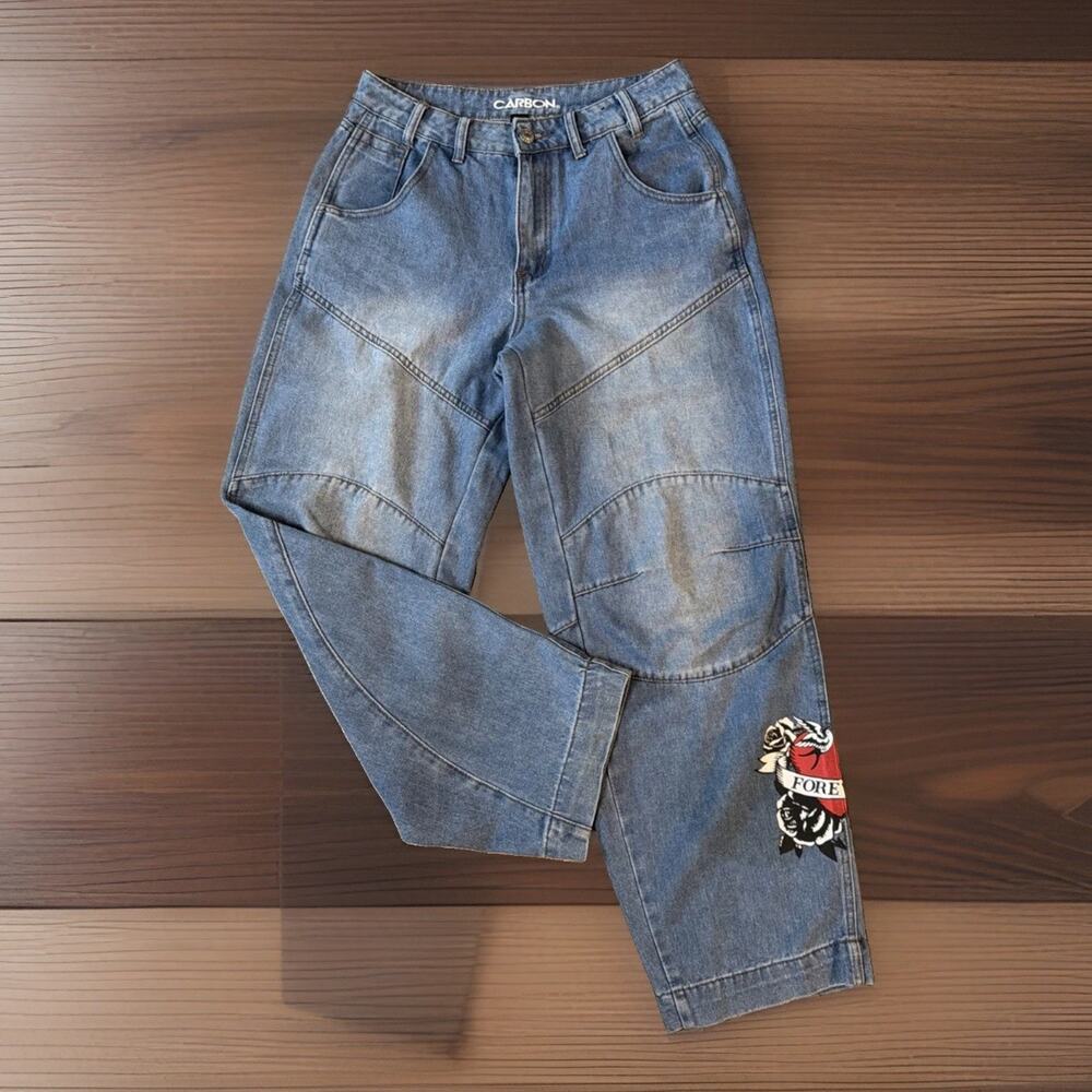 CARBON Sz 5 Rare Eternal Love Tattoo Jeans Baggy Wide Leg Y2K Skater Streetwear
